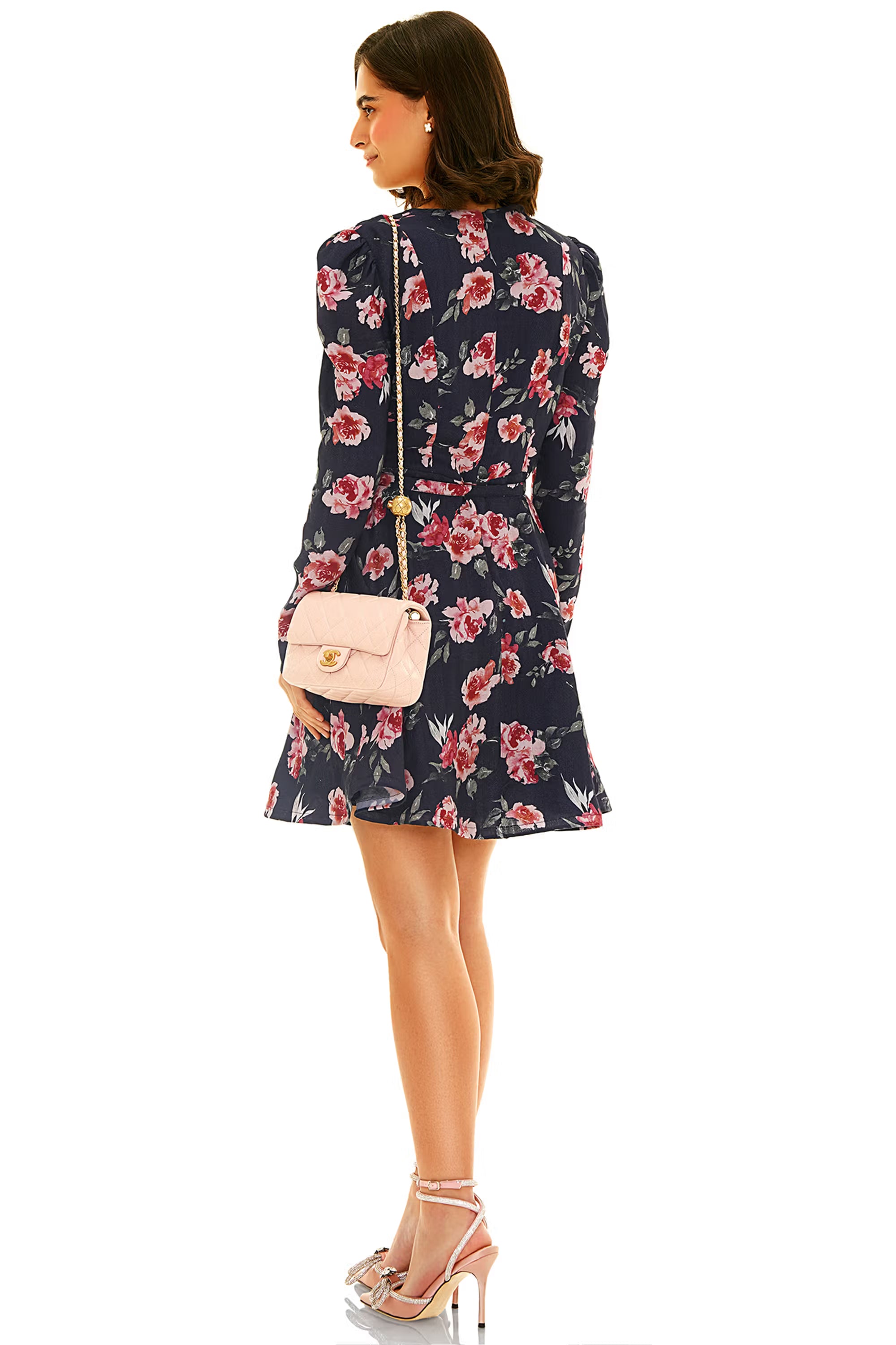 Navy rose print long sleeve mini dress, back view