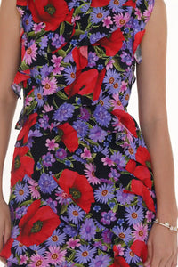 Close-up of Pretty Pixie nightshade floral sleeveless ruffle mini dress