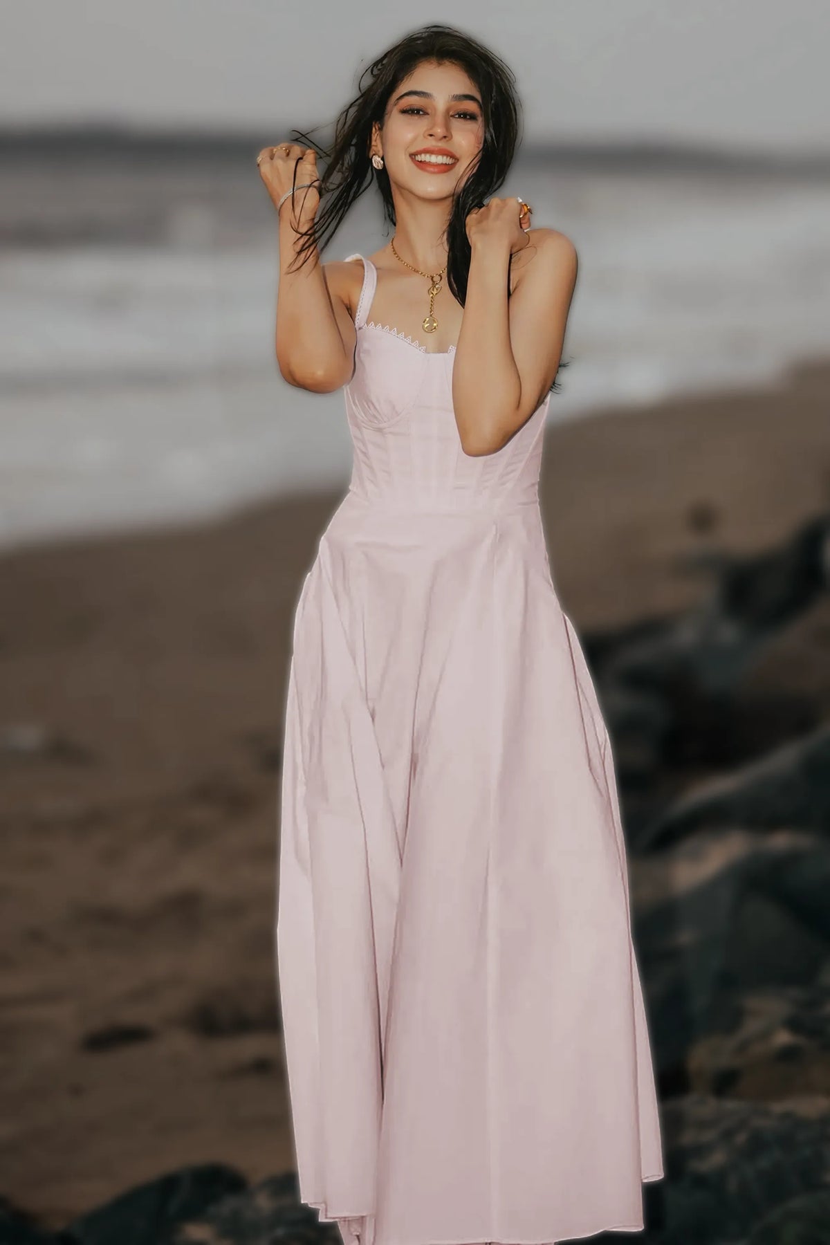 Lace-Trim Bustier Strap Midi Dress — primrose-pink