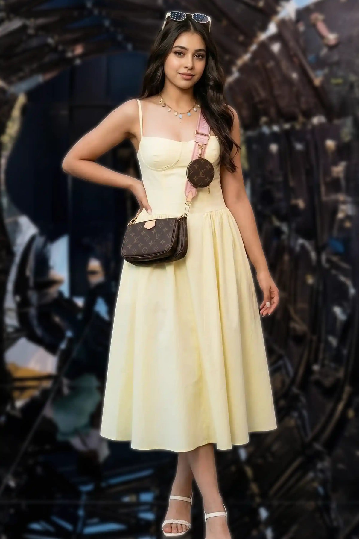 Pretty Pixie Yellow spaghetti strap bustier midi dress for women, campaign photo