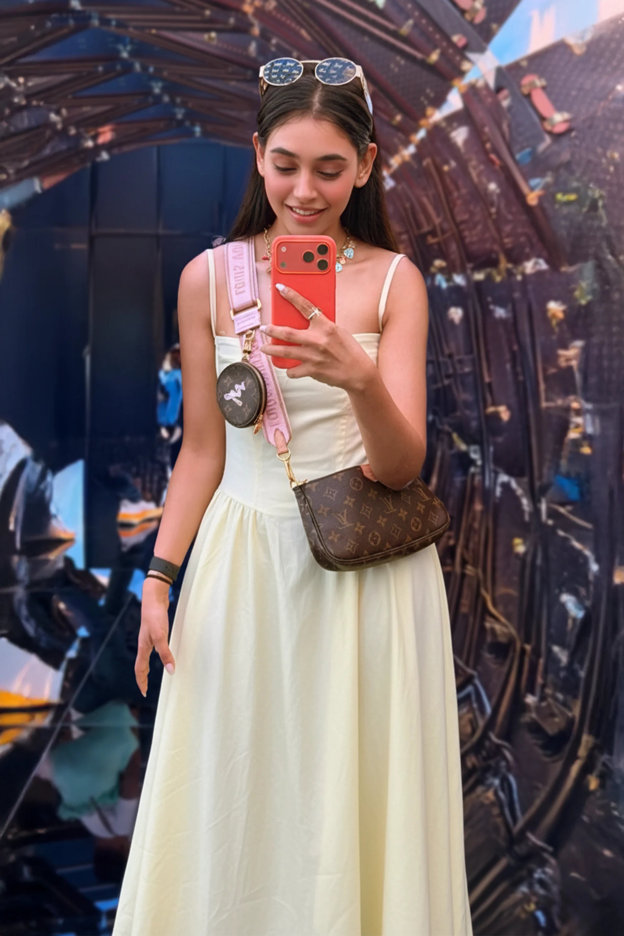 Woman taking mirror selfie in cream midi dress with crossbody designer bag and sunglasses, Niti Taylor street style India 2025.