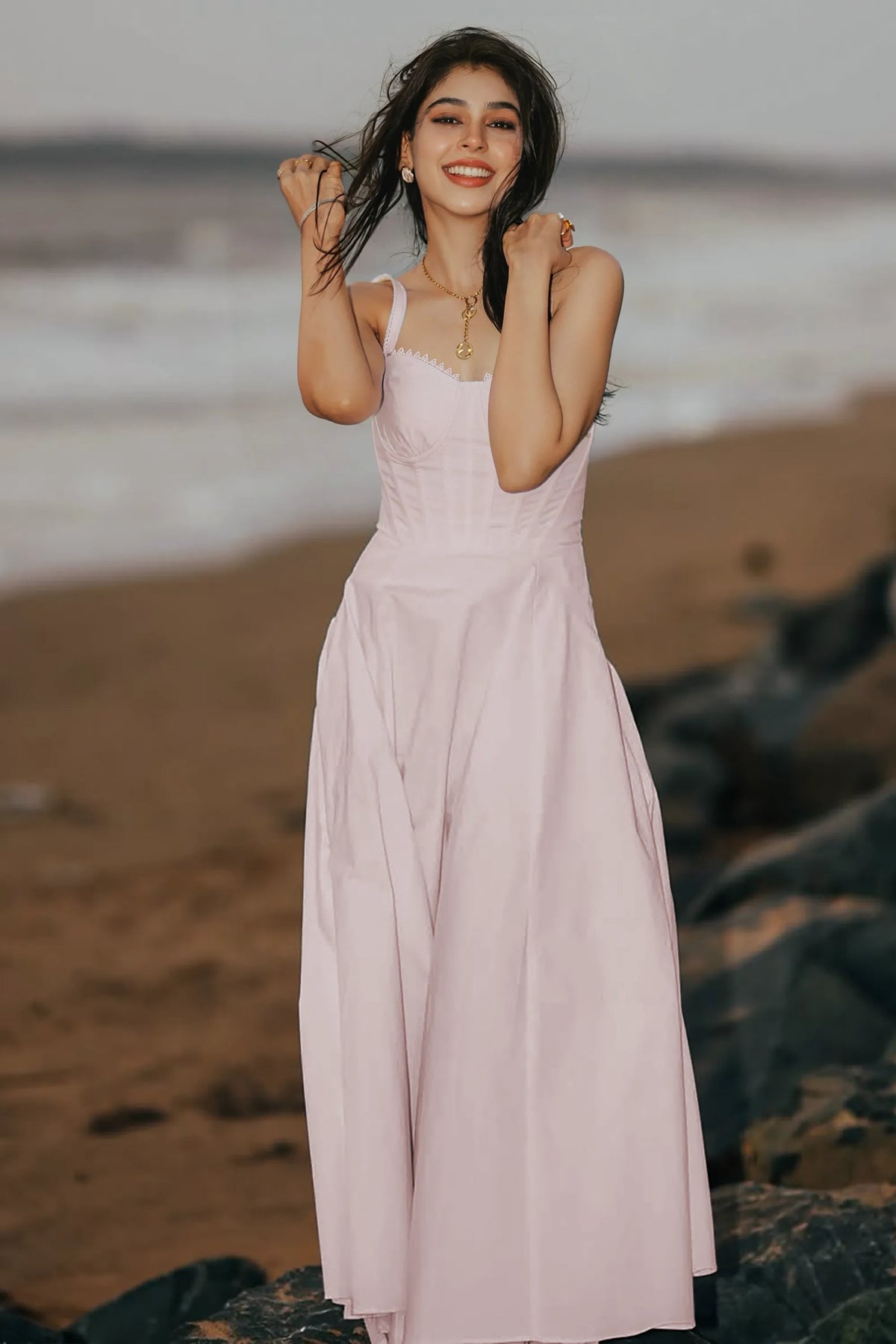 Niti Taylor wearing Pretty Pixie blush pink lace trim bustier strap cotton midi dress — shop online India
