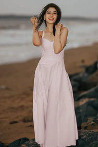 Niti Taylor wearing Pretty Pixie blush pink lace trim bustier strap cotton midi dress — shop online India