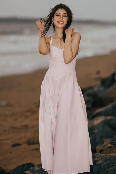 Niti Taylor wearing Pretty Pixie blush pink lace trim bustier strap cotton midi dress — shop online India