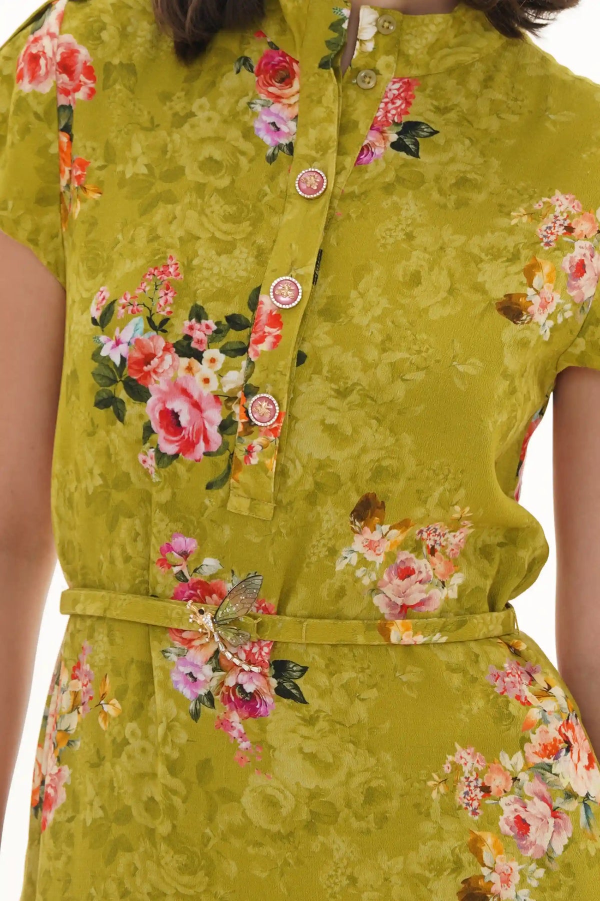 Close-up of Pretty Pixie olive floral pleated belted shirt mini dress