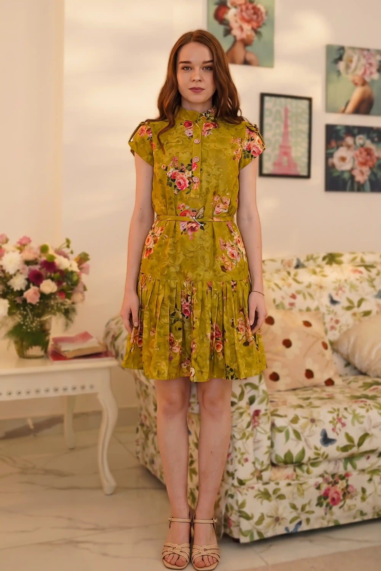 Woman in olive floral pleated shirt mini dress with belt pink roses short sleeves casual button