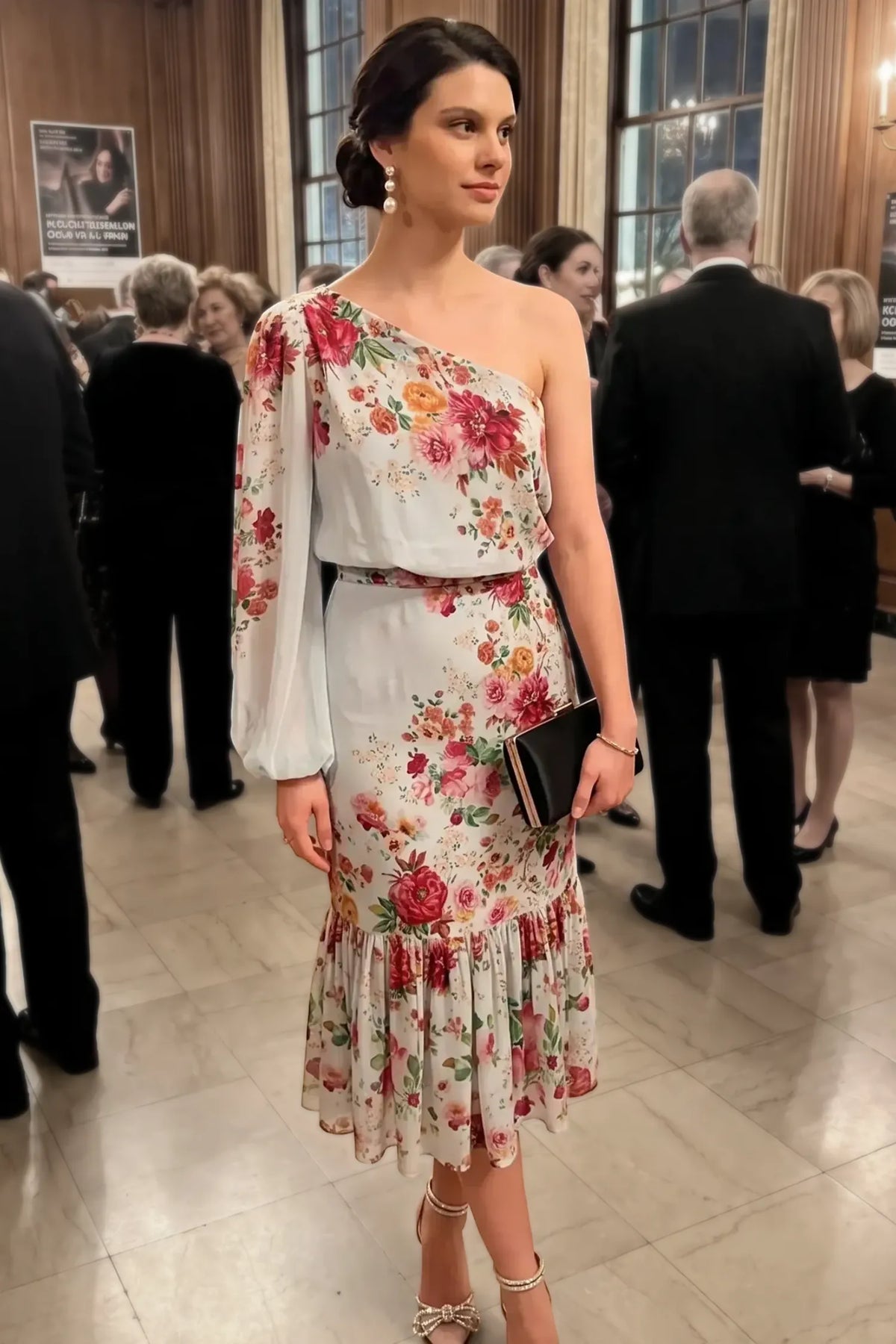Woman at an elegant evening reception wearing Pretty Pixie's one-shoulder floral ruffle midi dress with bishop sleeve and belted waist
