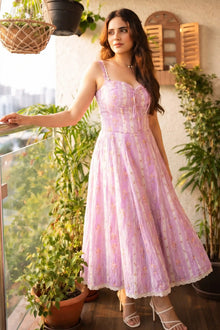 Lilac Floral Stripe Bustier Midi Dress