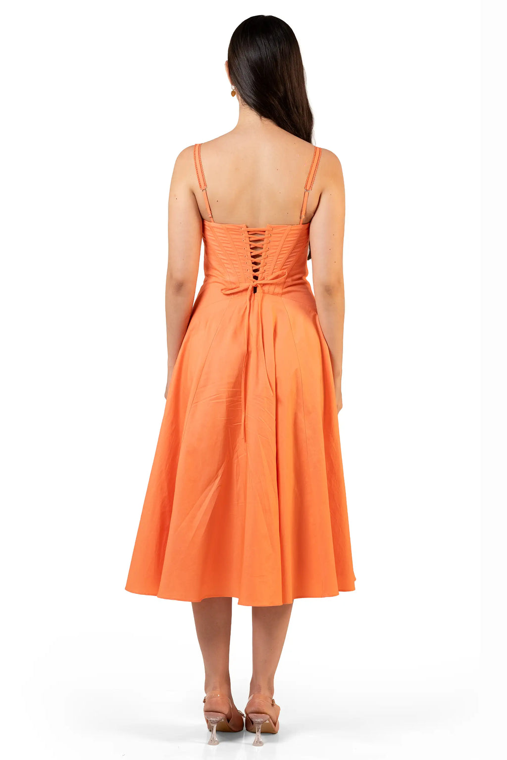 Back full view: orange lace-up corset midi dress with flared skirt