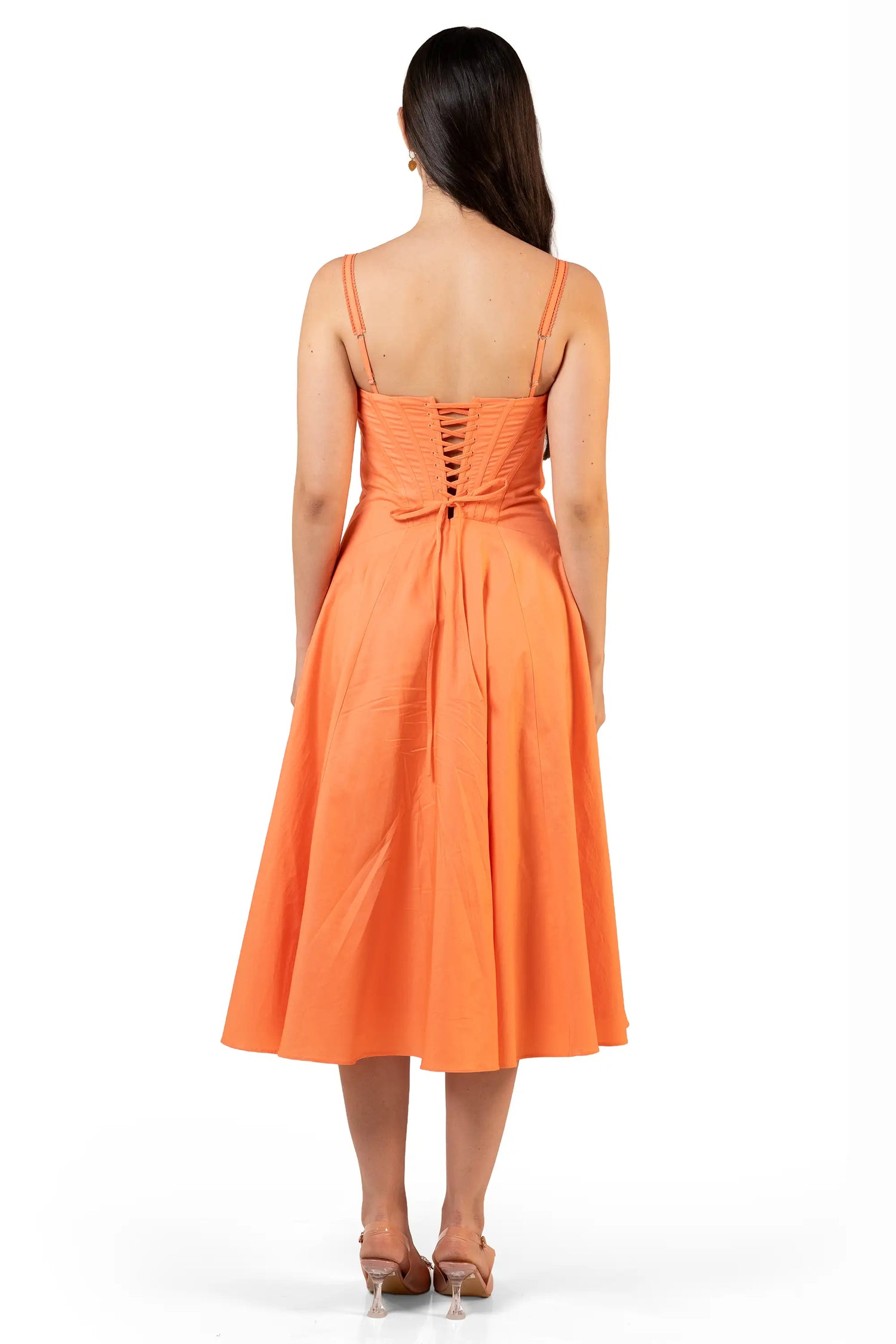 Back full view: orange lace-up corset midi dress with flared skirt