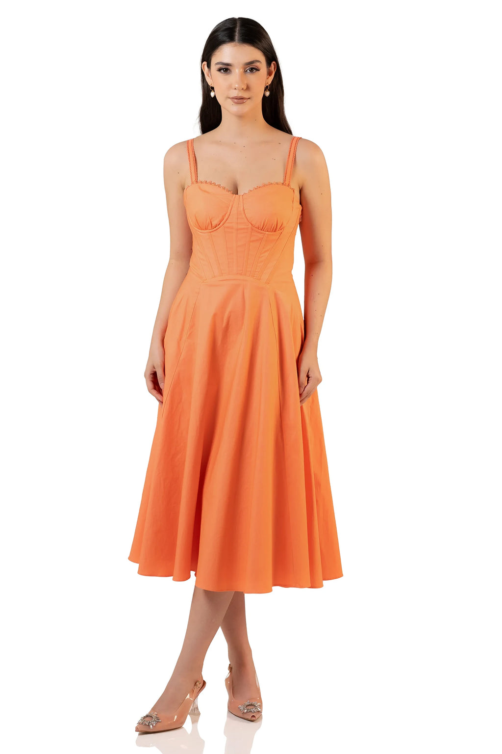 Front view: orange corset midi dress with flared A-line skirt