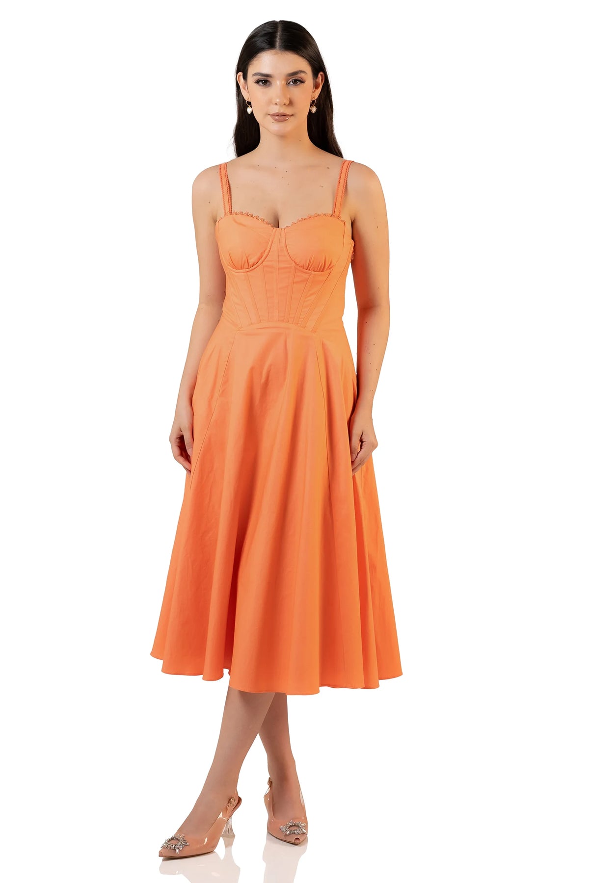 Pretty Pixie orange midi dress spaghetti strap sweetheart neckline front