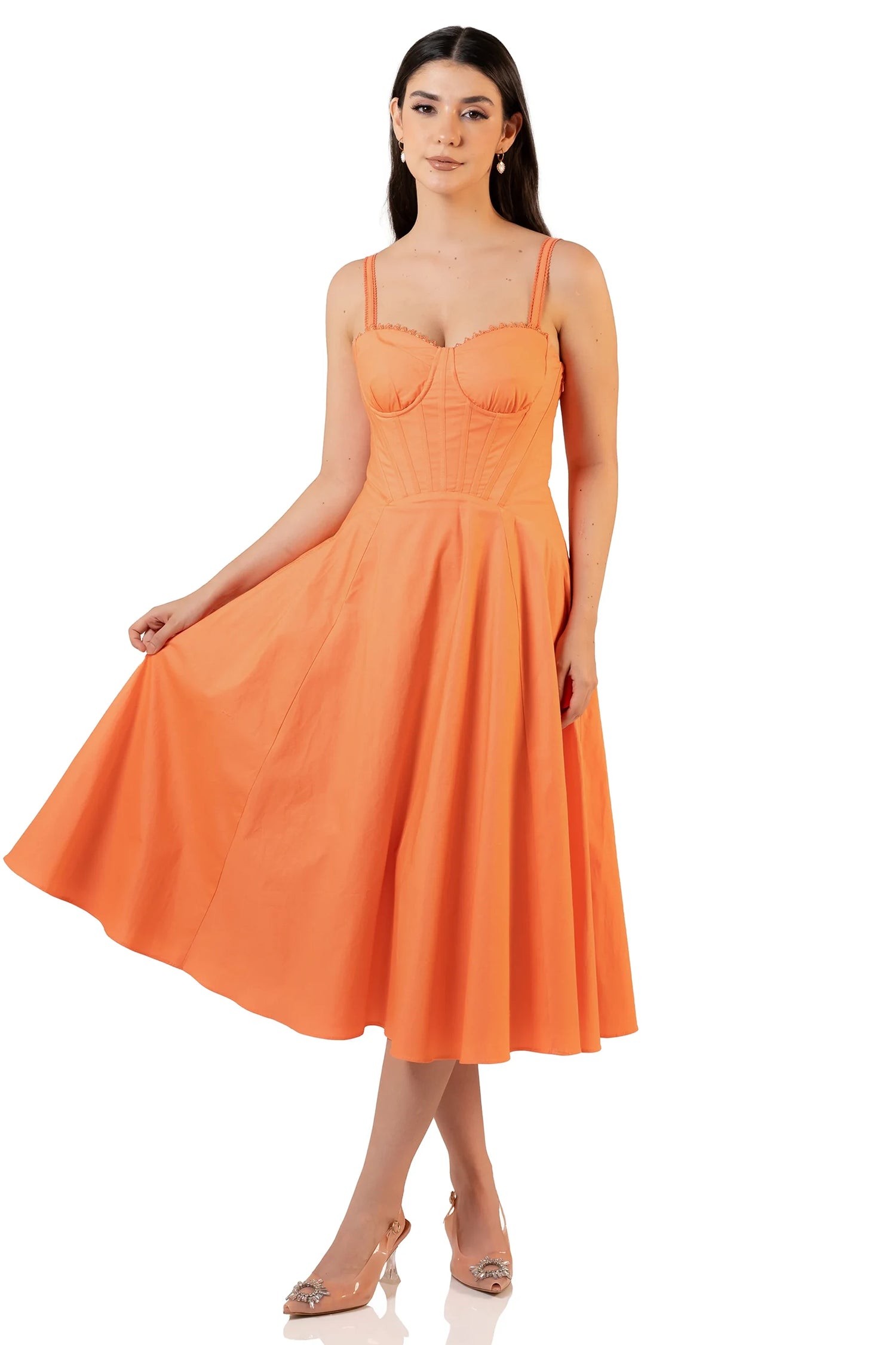 Twirl view: orange corset midi dress with sweetheart neckline