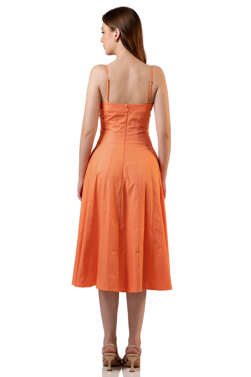Back view: orange spaghetti strap midi dress with zipper closure
