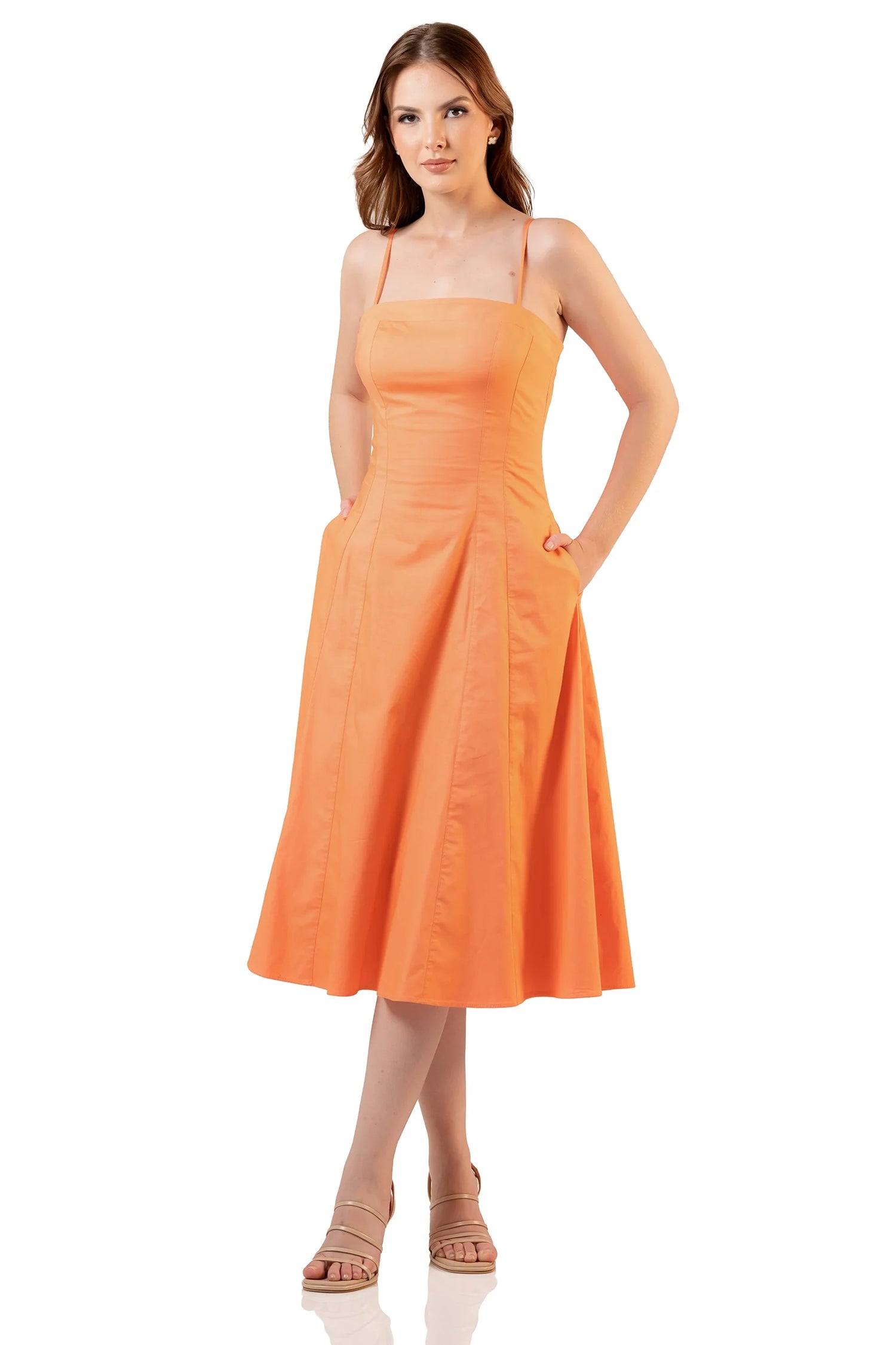 Front view: orange spaghetti strap midi dress with straight neckline