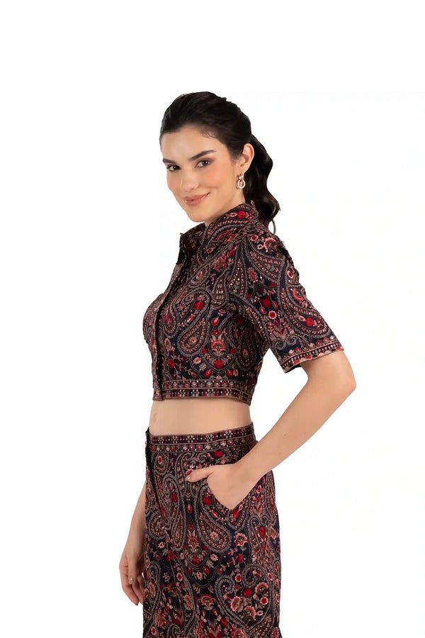 Crimson Paisley Navy Hand Embroidered Crop Shirt — view 3