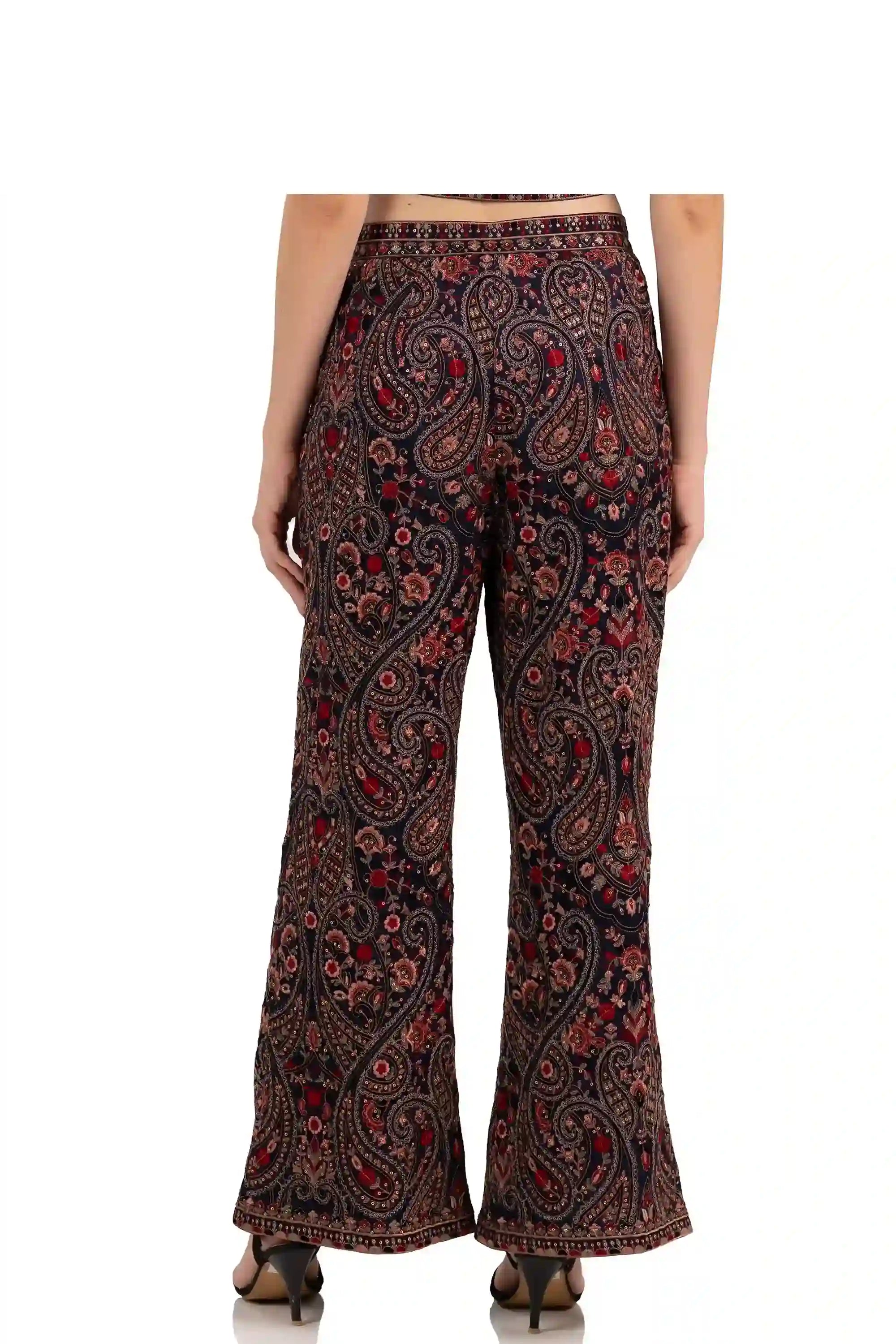 Back view of paisley print palazzo pants for women, traditional Indian ethnic design