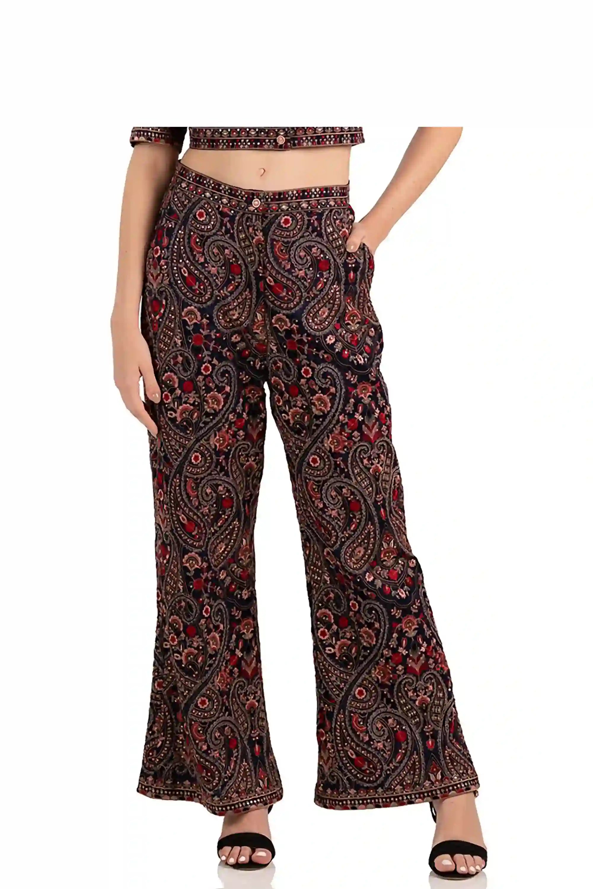 Front view of women's paisley floral print palazzo pants, ethnic Indian fashion, wide leg style