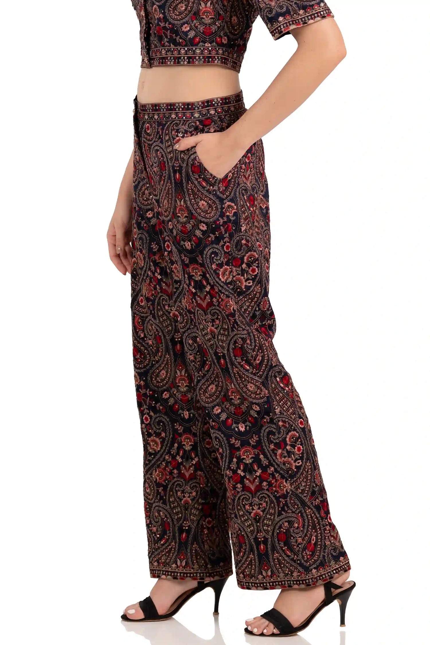 Side profile of paisley floral print palazzo pants, wide leg Indian ethnic style for women
