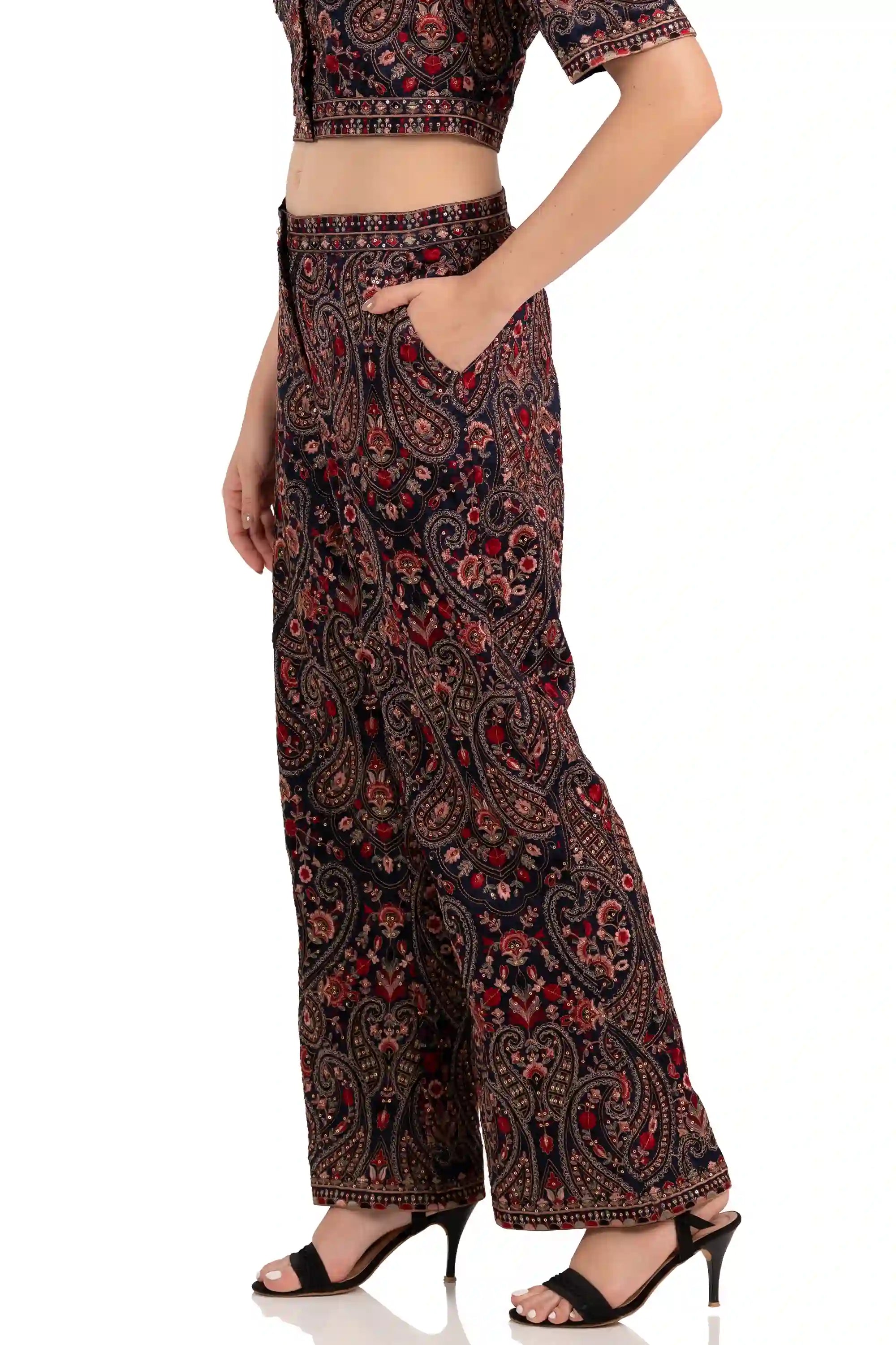 Side profile of paisley floral print palazzo pants, wide leg Indian ethnic style for women
