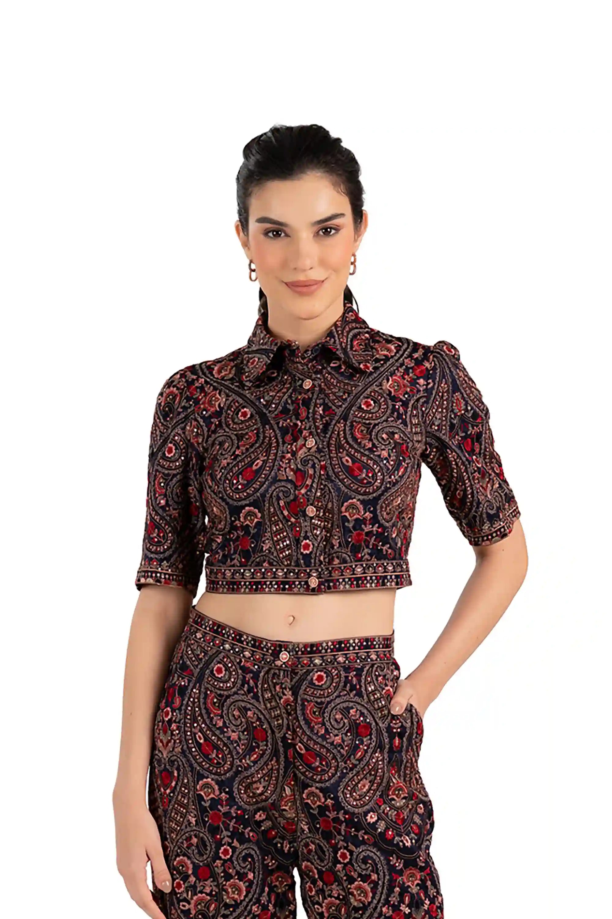 Front view of woman wearing a paisley printed crop top, collared and buttoned, in traditional Indian ethnic fashion style