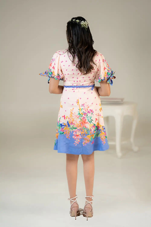Pastel Pink Riviera Mini Dress — back view with blue border hem