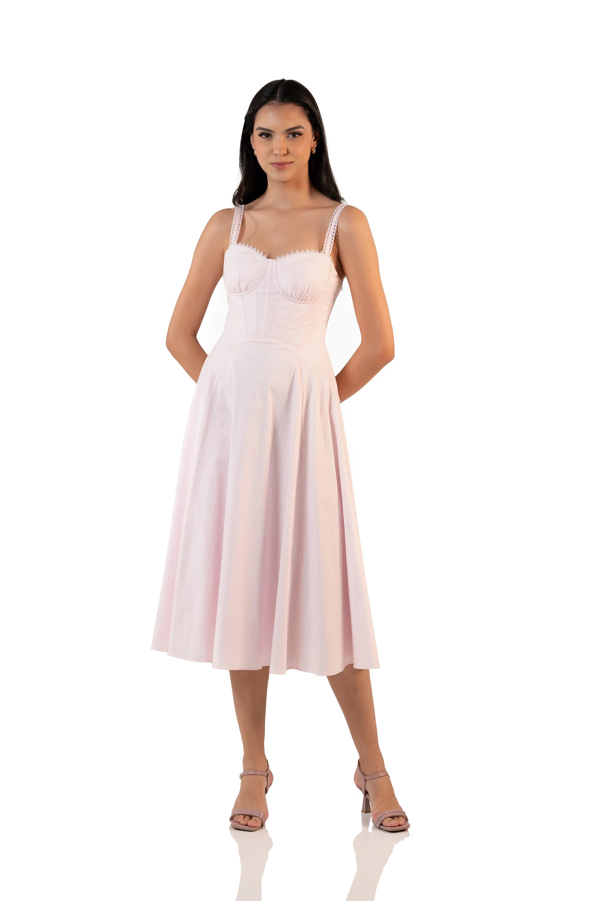 Front view of pastel pink bustier midi dress with lace-trim straps, sweetheart neckline and fit-and-flare A-line skirt