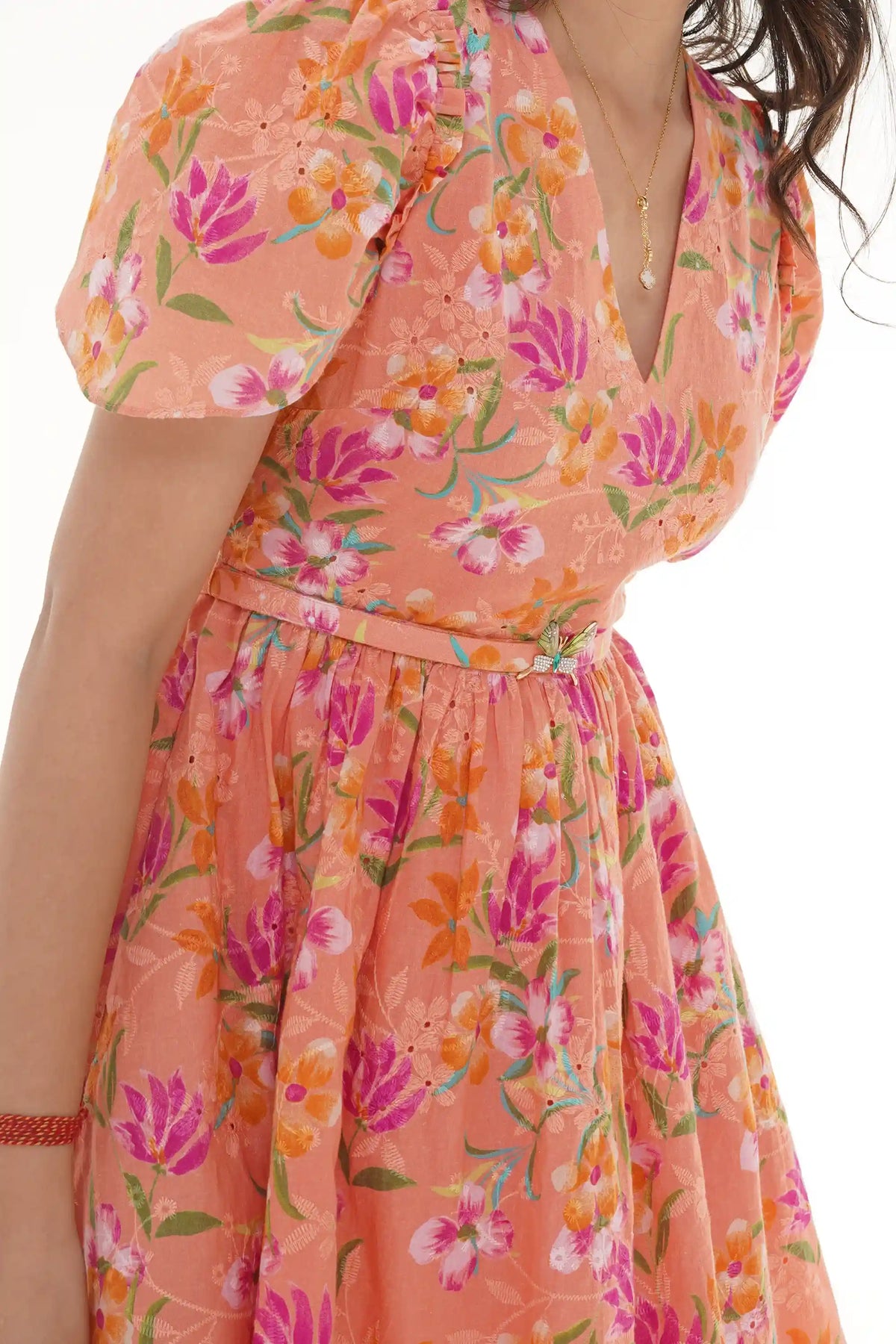 Close-up of Pretty Pixie peach blossom floral flutter-sleeve V-neck mini dress