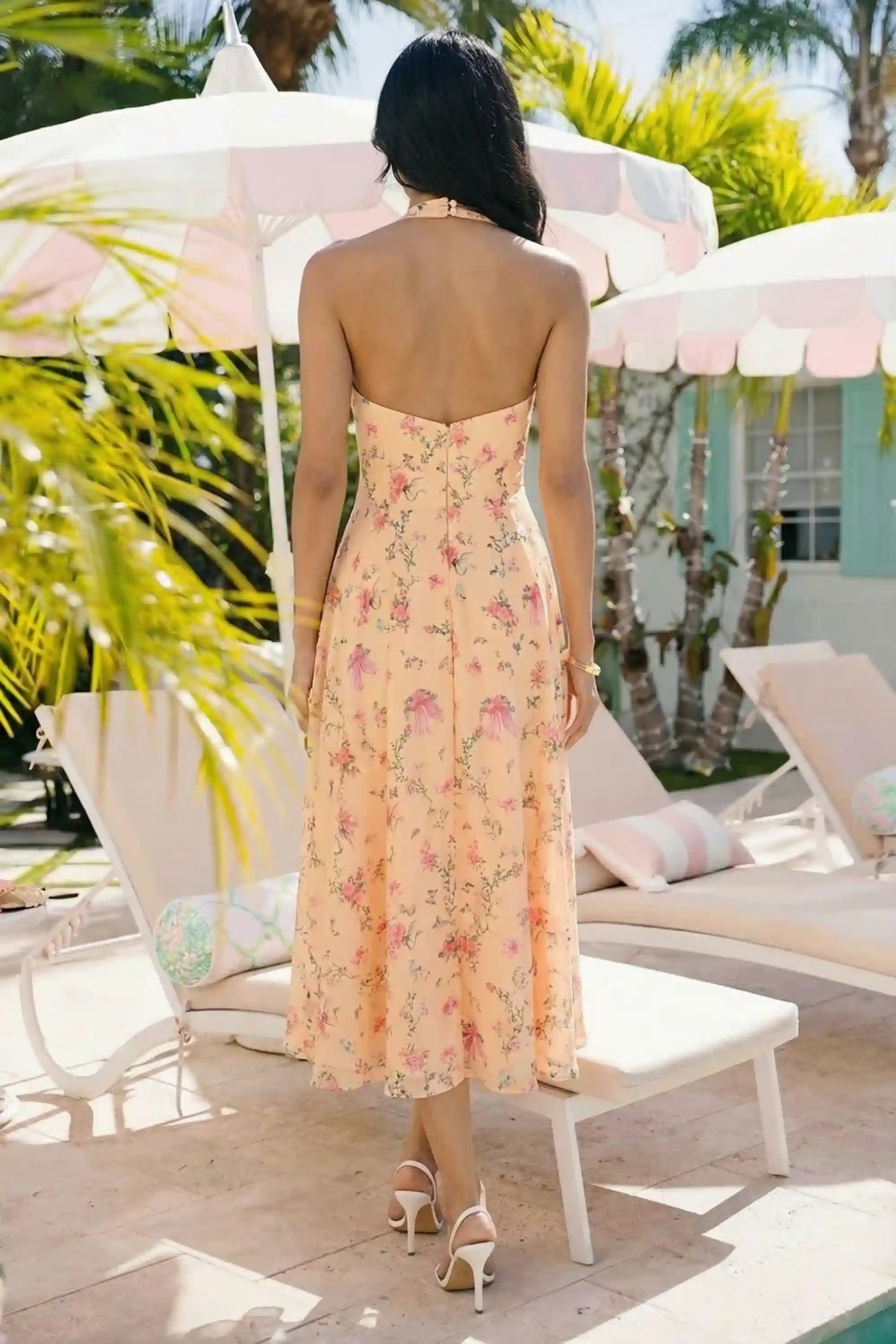 Pretty Pixie peach floral bow print halter v-neck midi dress back view open halter tie