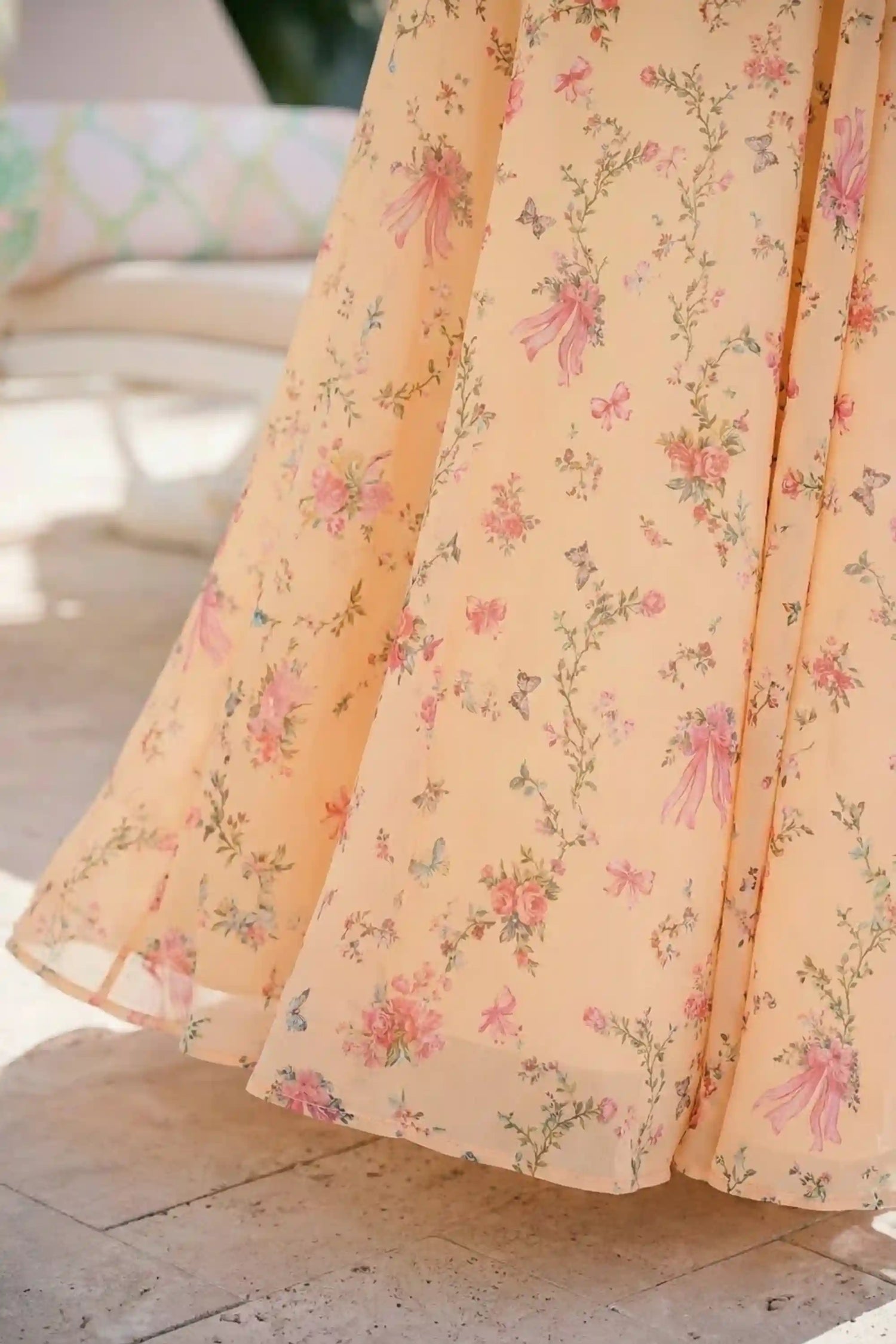 Pretty Pixie peach floral halter midi dress detail view v-neck floral bow print fabric