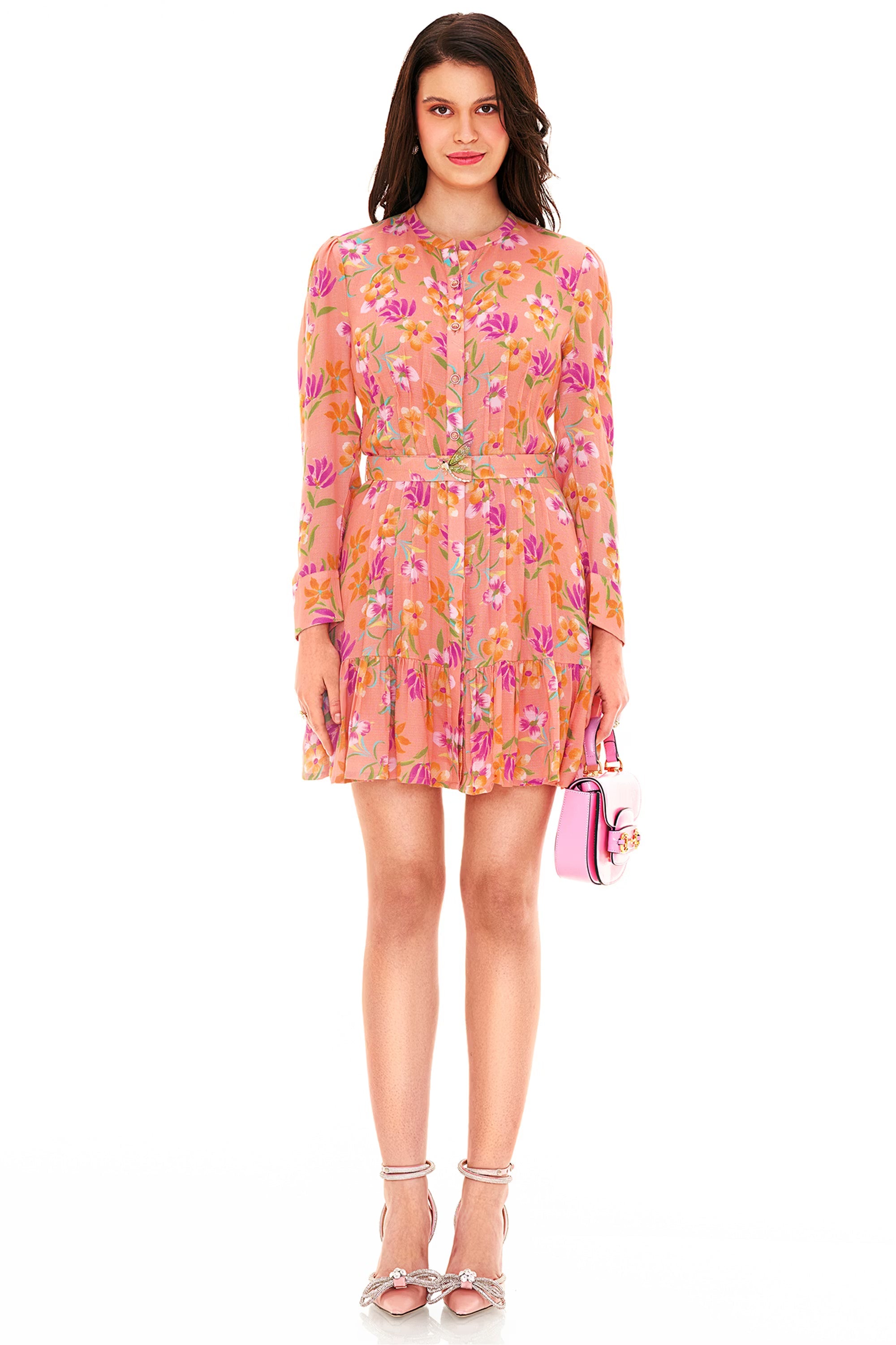 Peach floral long-sleeve belted mini dress with tiered hem, front view