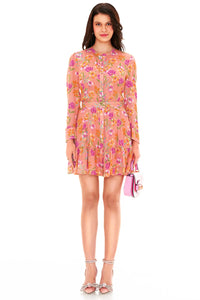 Pretty Pixie peach floral long sleeve belted mini dress front