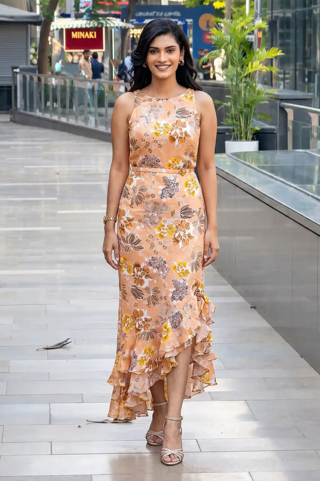 Woman in peach floral high-low maxi dress with sleeveless halter neckline and ruffle hem