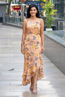 Glamour Peach Floral High-Low Ruffle Maxi Dress