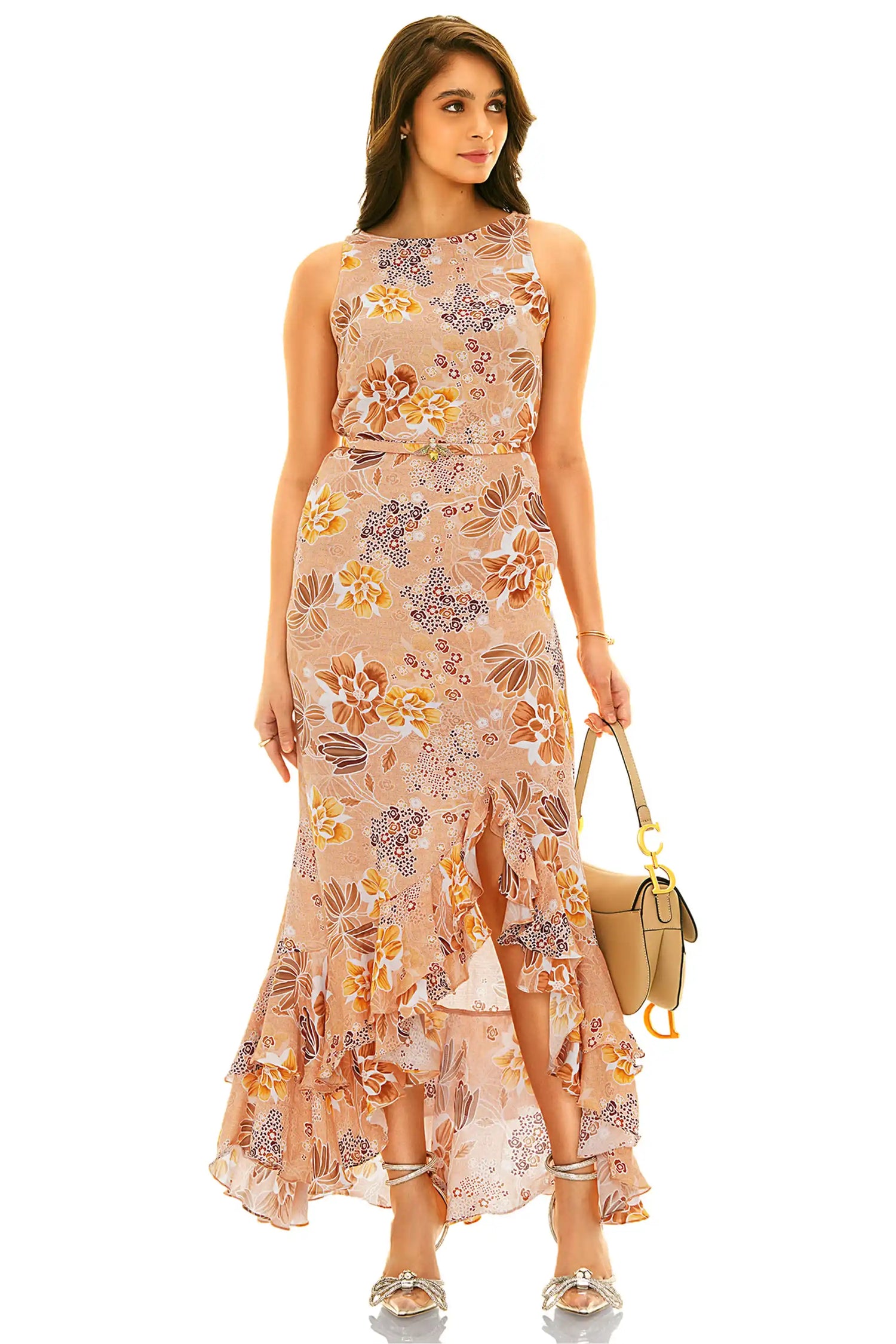 Peach floral sleeveless ruffle maxi dress with high-low hemline – front view