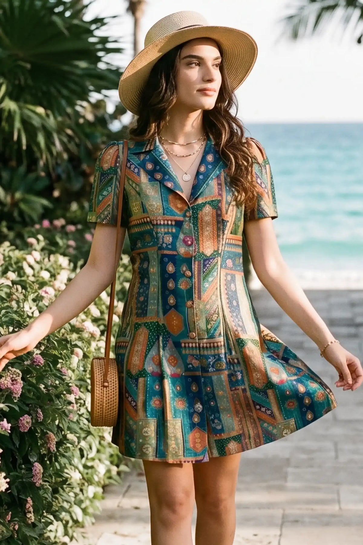 Woman walking a coastal garden path wearing Pretty Pixie's peacock jacquard mini dress with collared neck