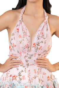 Closeup: plunging halter V-neck with lace trim, pink floral mini