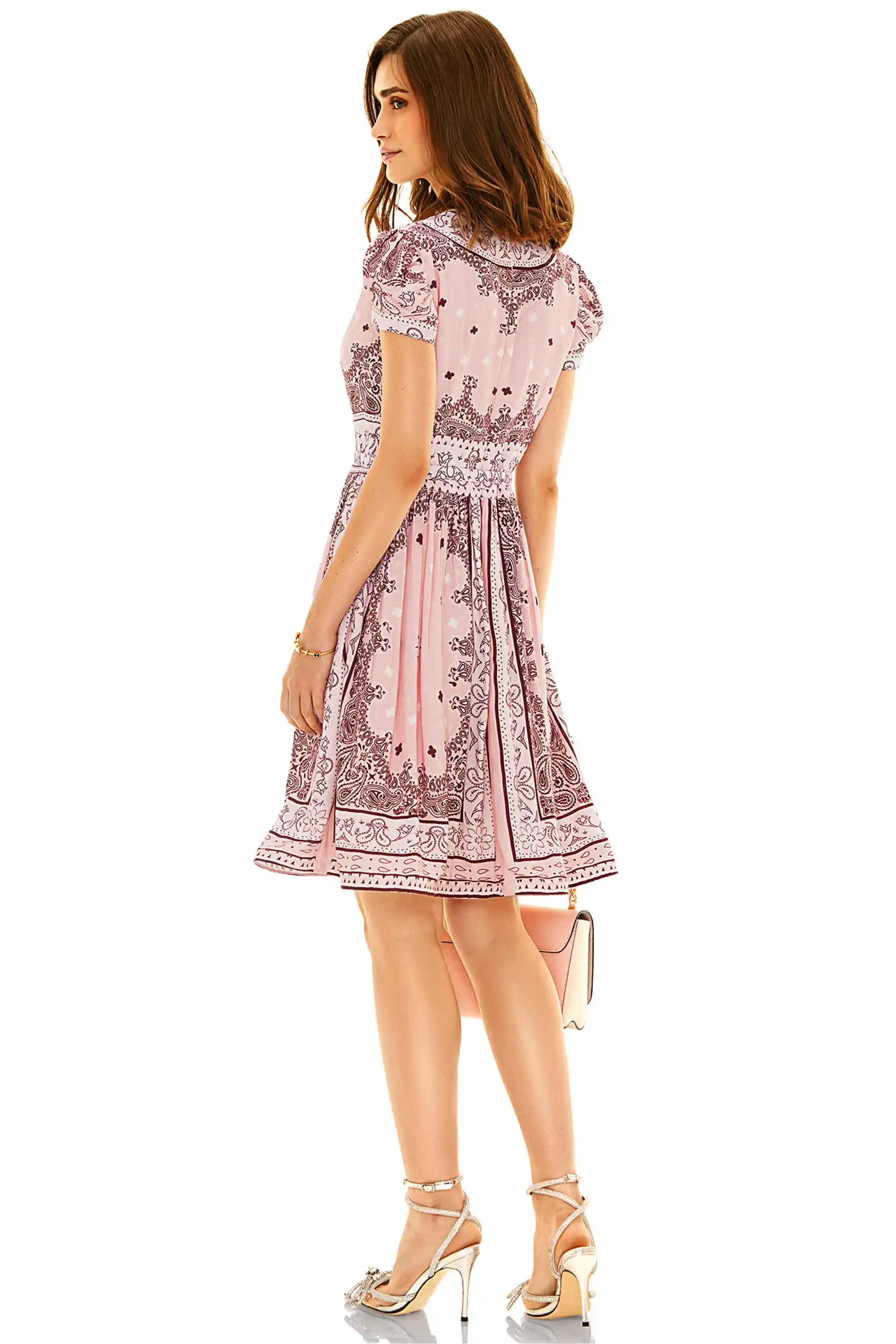 Back view of pink ethnic floral V-neck mini dress with intricate floral patterns