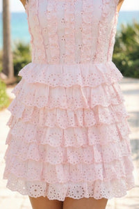 Pretty Pixie blush pink eyelet corset mini dress detail view ruffle bodice scallop trim