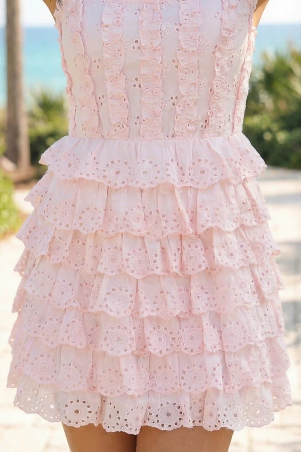 Blush Pink | Eyelet corset mini dress ruffle bodice scallop detail