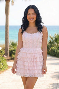 Pretty Pixie blush pink eyelet tiered ruffle corset mini dress