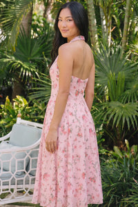Pink Floral Bow Print Halter V-Neck Midi Dress