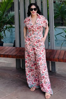 Pink Floral Collared Half-Sleeve Belted Wide-Leg Jumpsuit