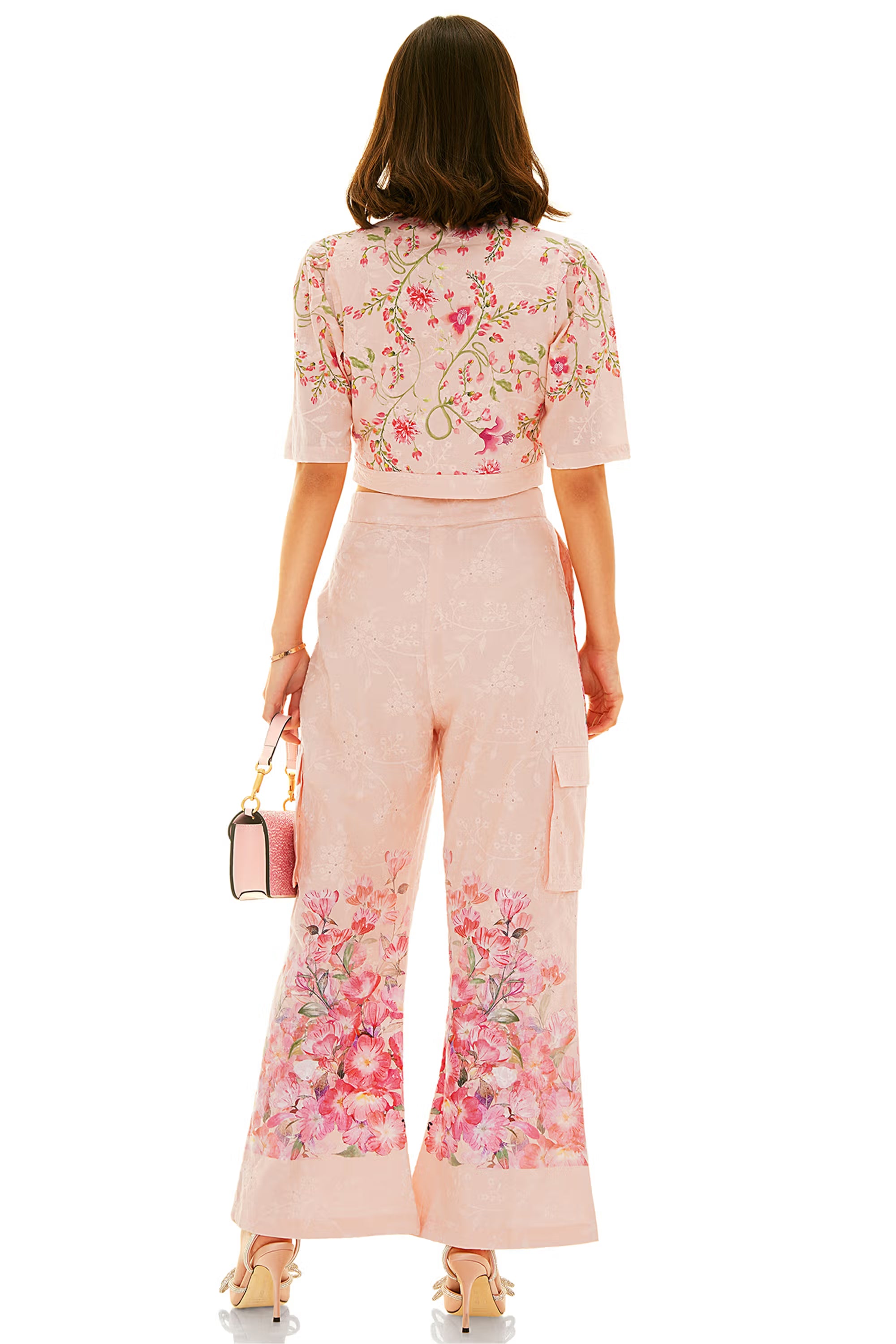back view pink floral co-ord set with short-sleeve crop shirt