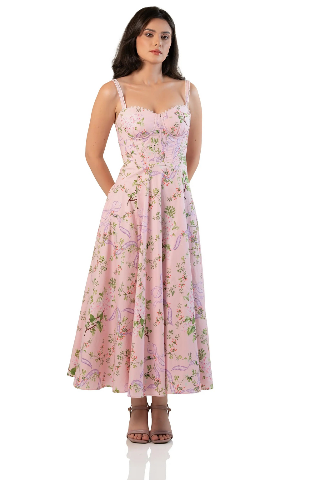 Full-length front view: women’s pink floral corset midi dress with sweetheart neckline and flared skirt