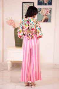 Back view floral crop top with striped wide-leg pants