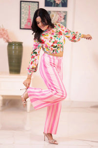Playful pose floral crop top with pink striped pants