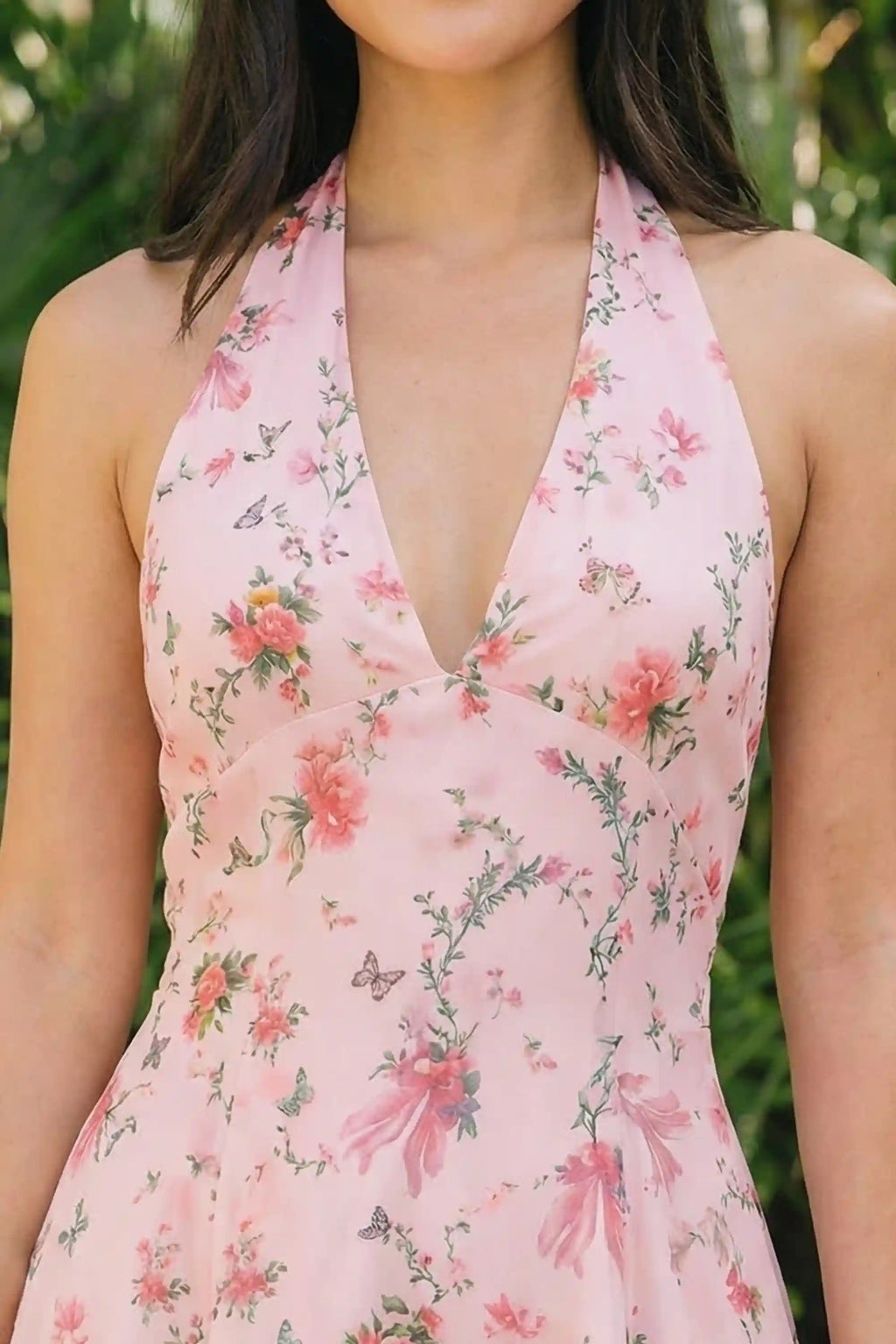 Pretty Pixie pink floral halter midi dress detail view v-neck bow print floral fabric