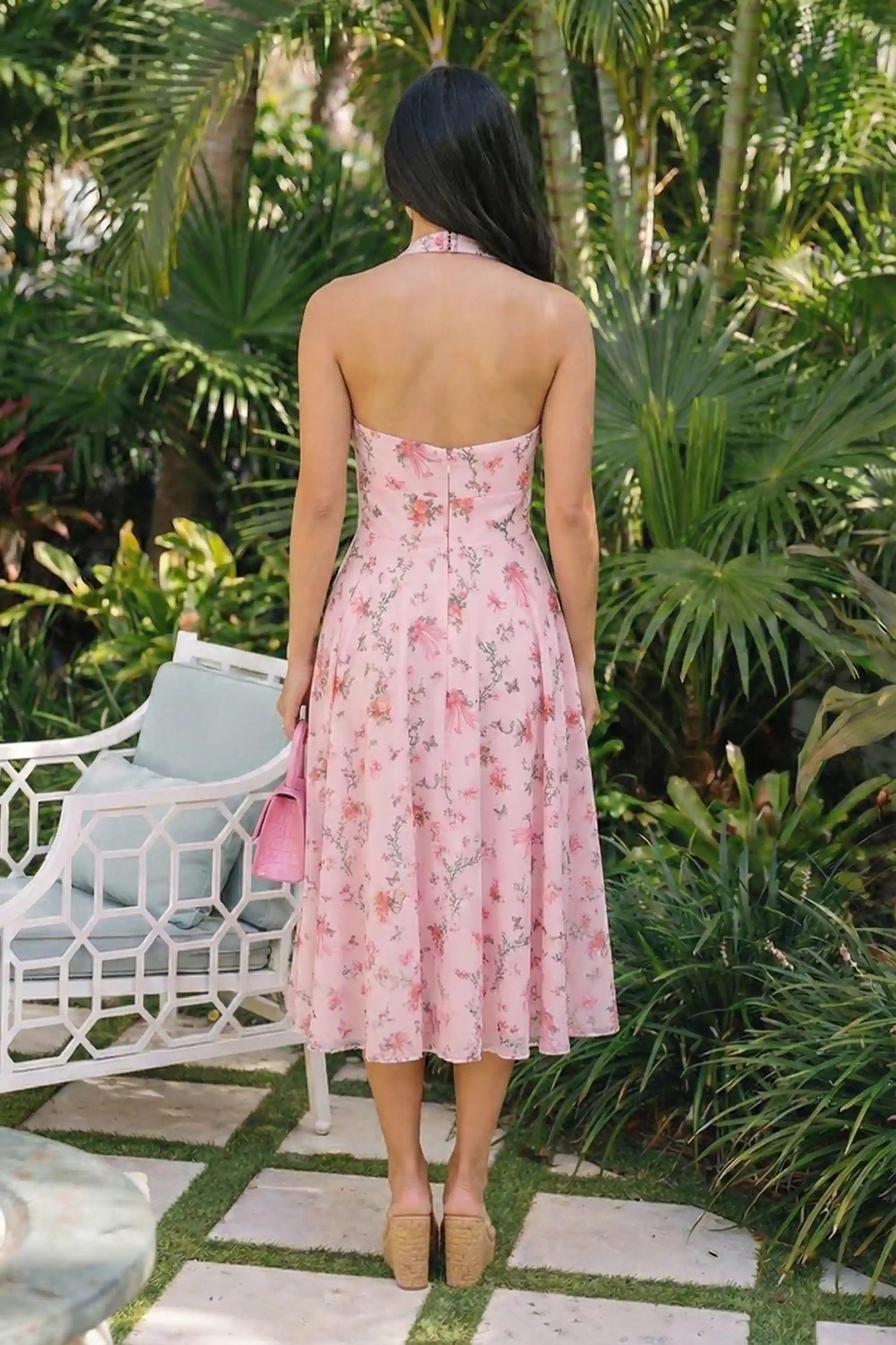 Pretty Pixie pink floral bow print halter v-neck midi dress back view open halter neck