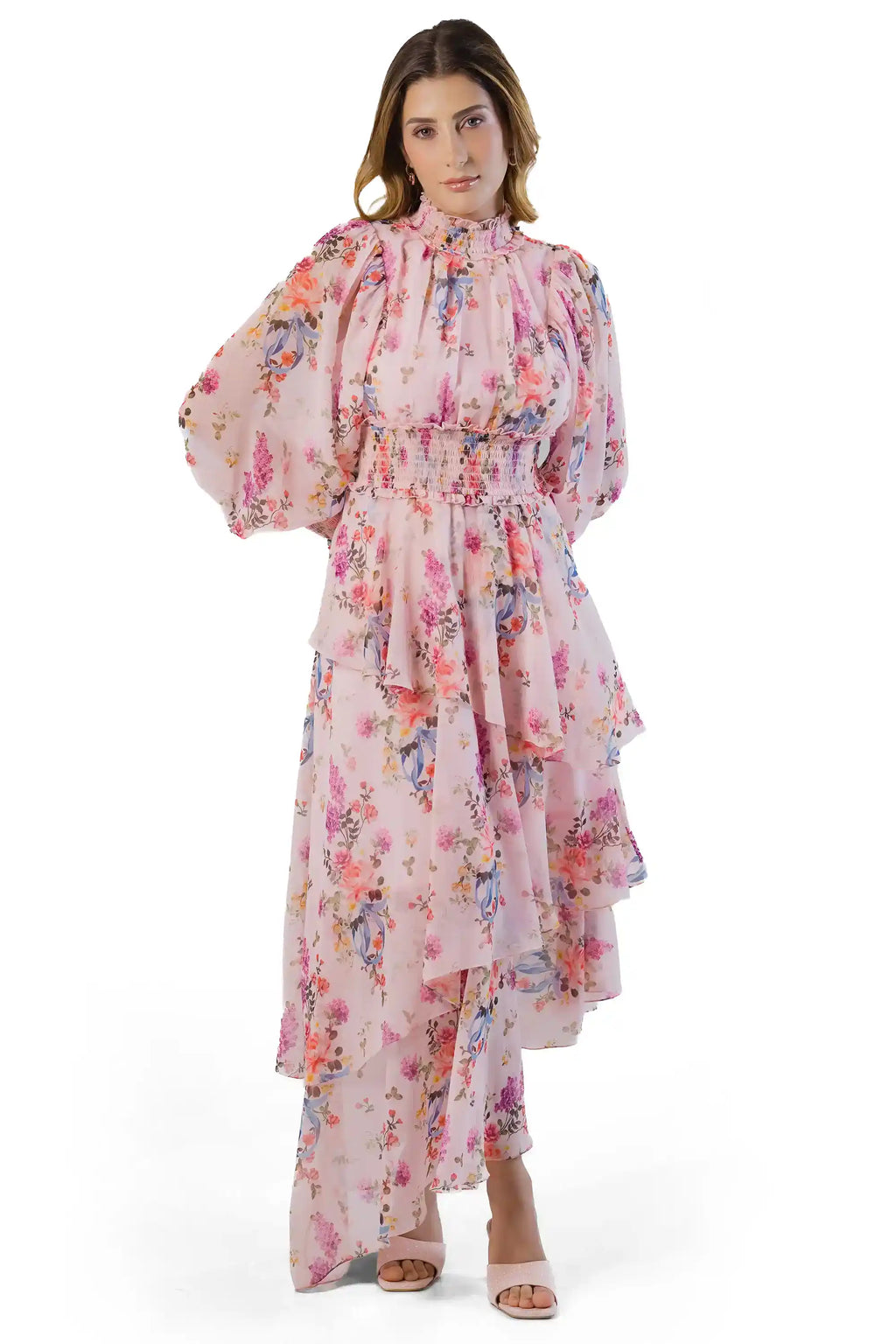 Pink floral high-neck tiered maxi dress; smocked waist, balloon sleeves